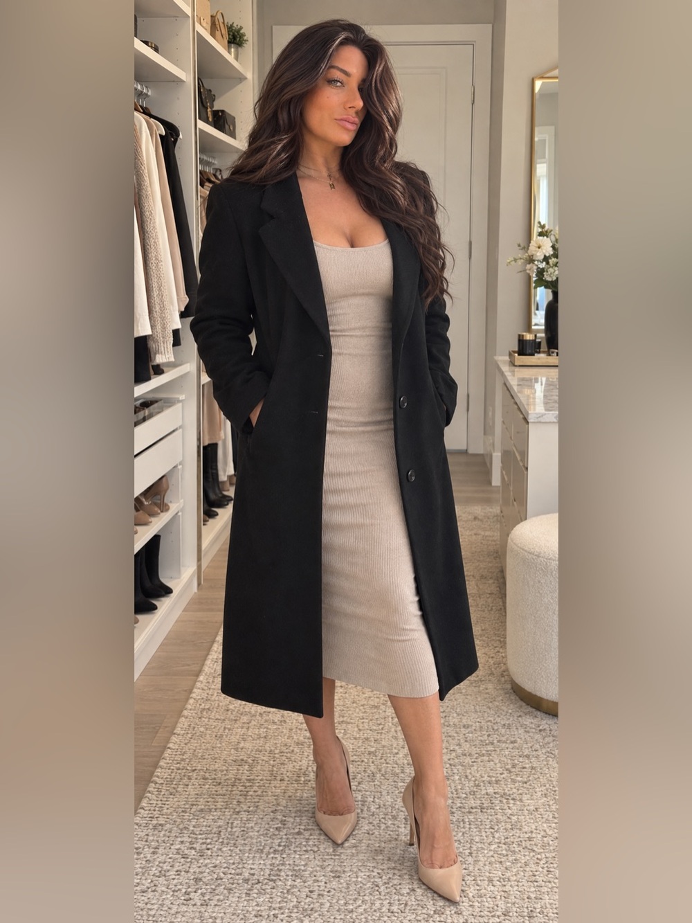 Virany Classic Black Long Peacoat Wool Cashmere Blend